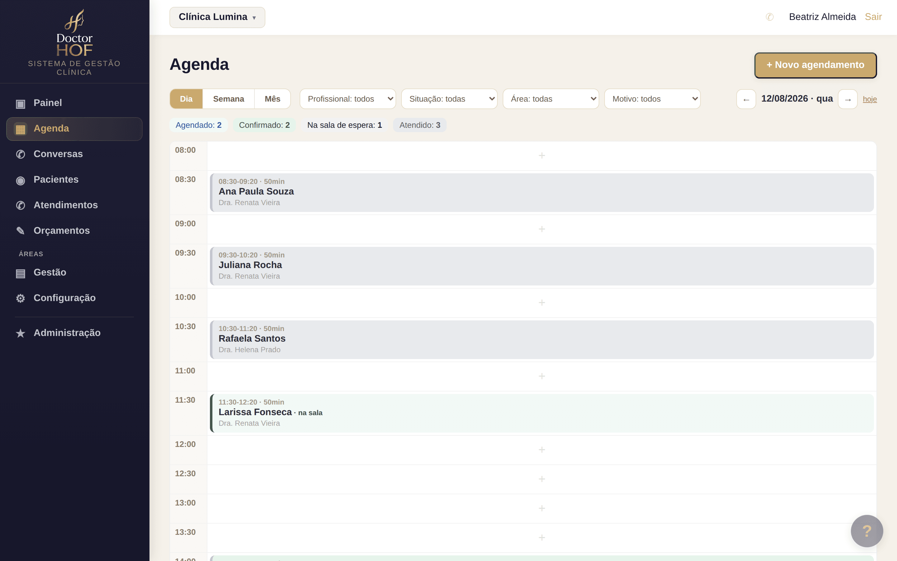 Agenda do DoctorHOF na visão do dia, com filtros de profissional, situação, área e motivo, e os agendamentos distribuídos por horário