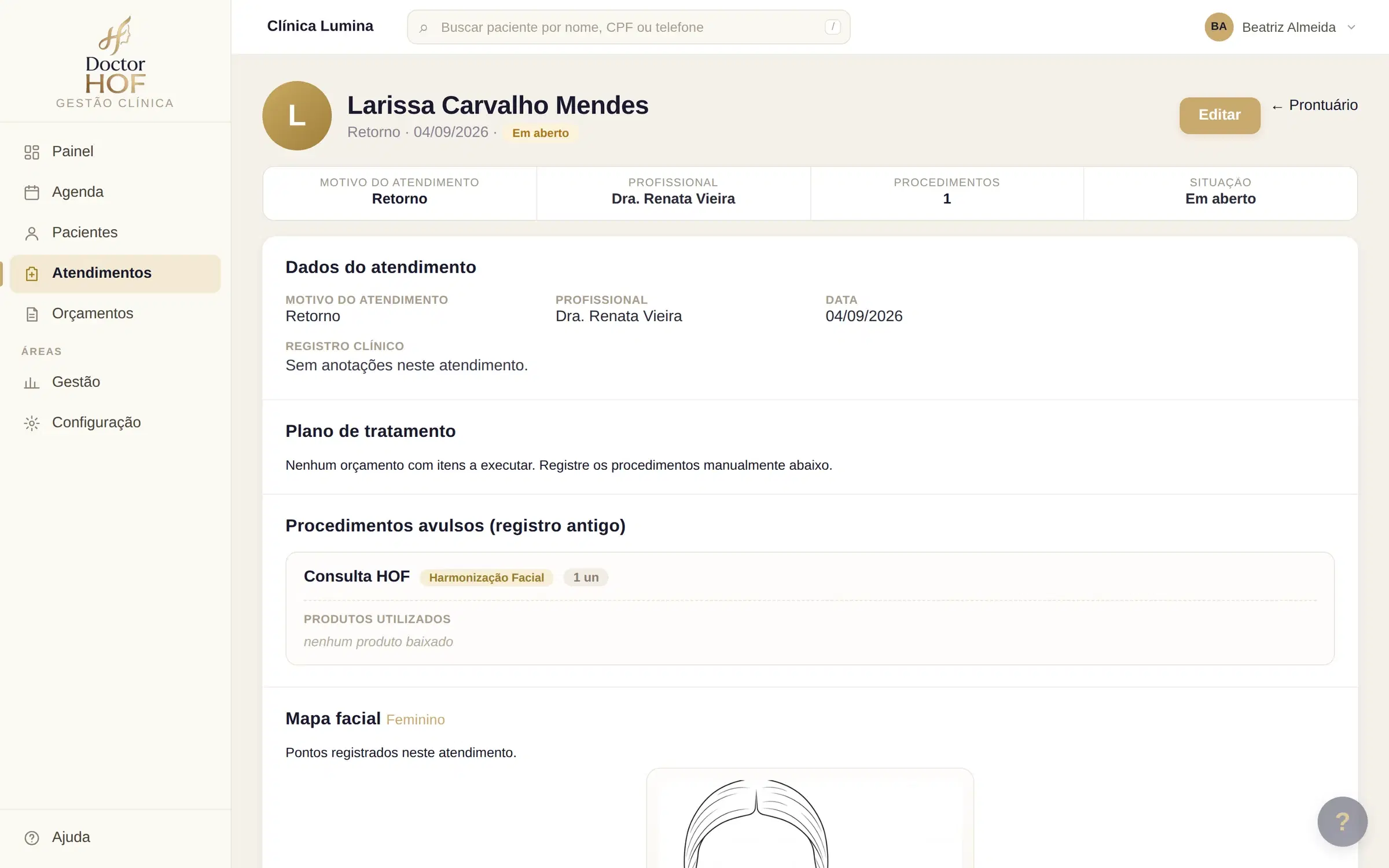 Tela de atendimento do DoctorHOF com os dados da sessão, o plano de tratamento, os procedimentos registrados e o mapa facial para marcar os pontos de aplicação