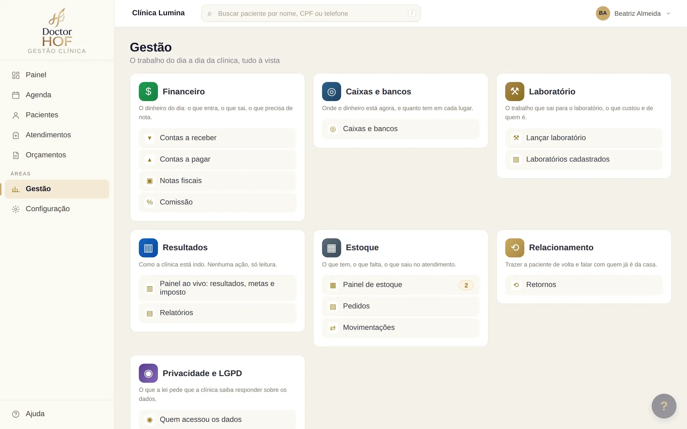 Tela de gestão do DoctorHOF com os blocos de financeiro, caixas e bancos, laboratório, resultados, estoque, relacionamento e privacidade e LGPD