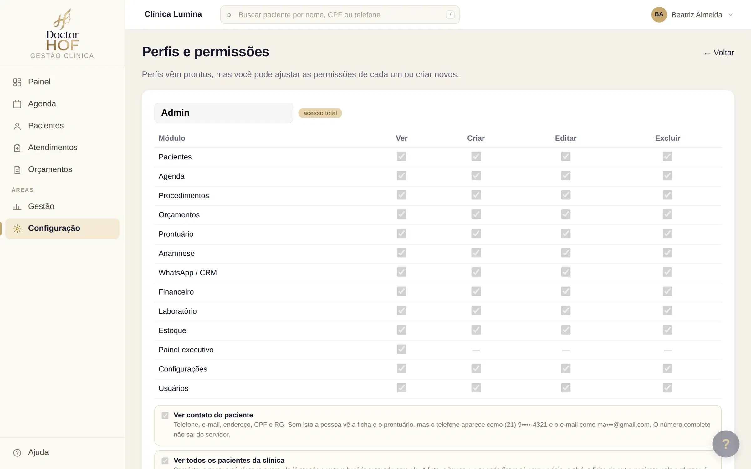 Tela de perfis e permissões do DoctorHOF com a grade de módulos e as marcações de ver, criar, editar e excluir para cada um